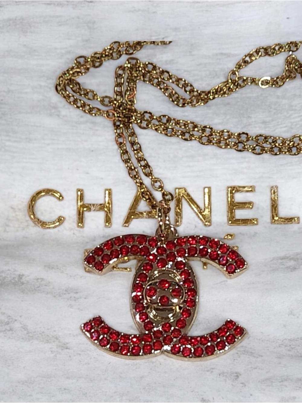 Red Crystal CC Pendant Gold-Tone Necklace